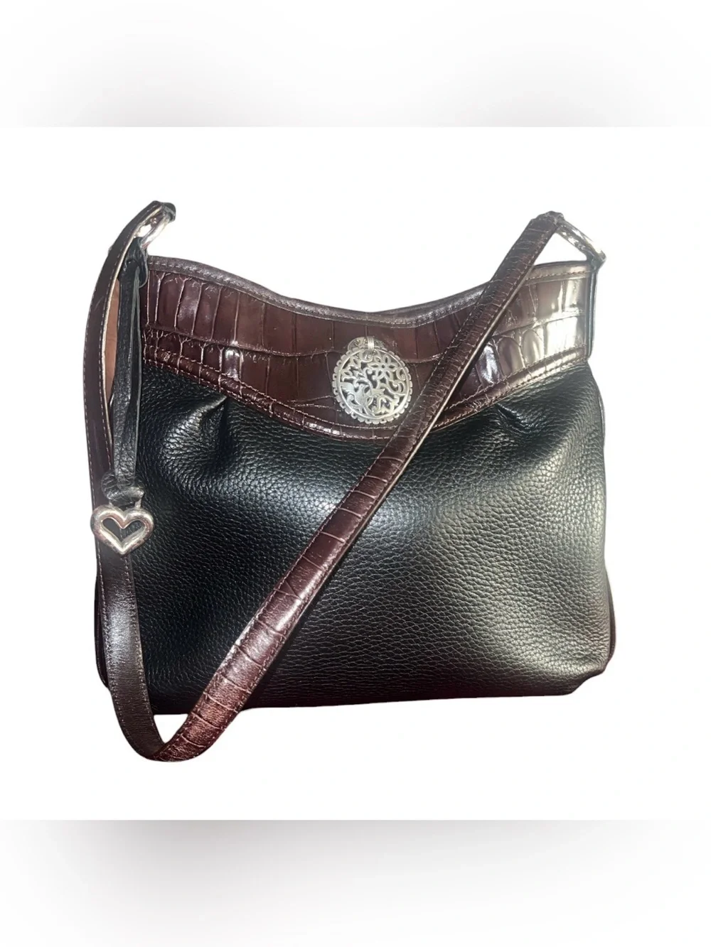 Brighton Vtg Black Pebbled & Brown Croc Shoulder Bag Leather Silver Medallion